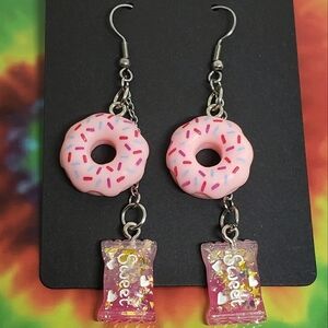 Handmade Pink Glitter Donut and Candy Dangle Earrings